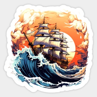 A vintage looking ship sails across the giant waves in a sunset enviornment 3 Sticker